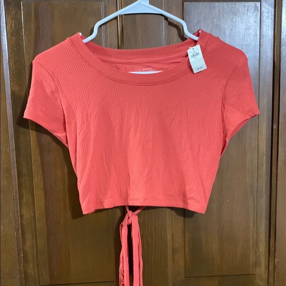 Aerie Dark Coral Short Sleeve Crop T-Shirt with Tie Front